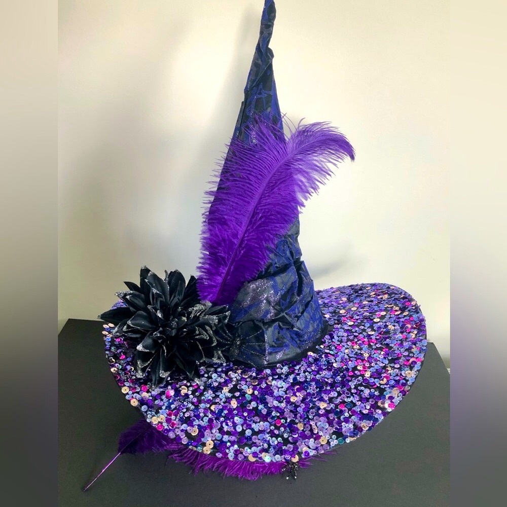 Artisan Purple & Black Witch Hat with Feathers and Sequins 21 inch crown